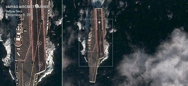 Ảnh tàu sân bay Liêu Ninh chạy thử trên biển do Công ty vệ tinh Digital Globe Mỹ chụp được.
